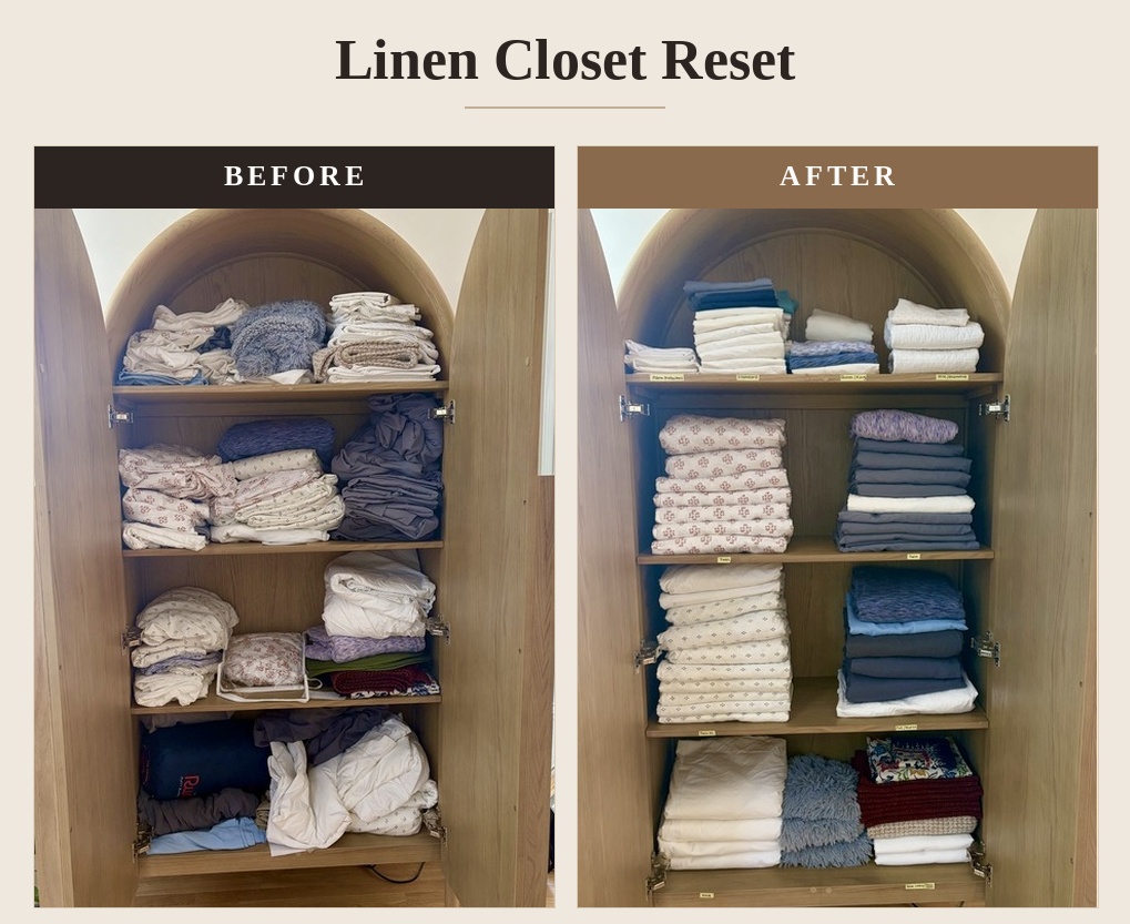 Linen closet before and after reset